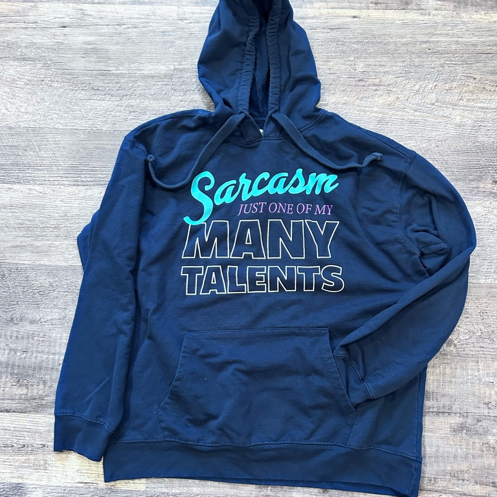 Wound Up Navy Blue Hoodie with Teal and White Print